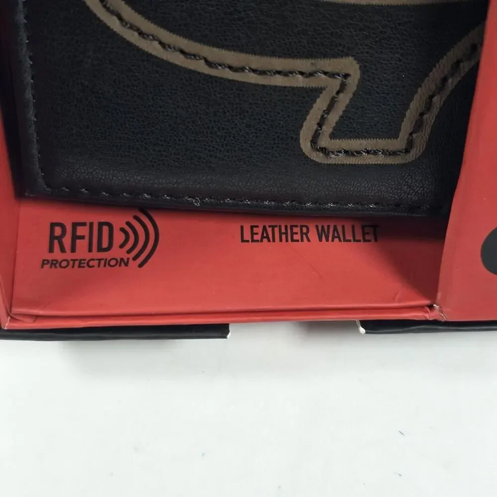 TRUE RELIGION Black Leather Bifold Wallet Tan Logo Boxed RFID Gift for Men NWT
